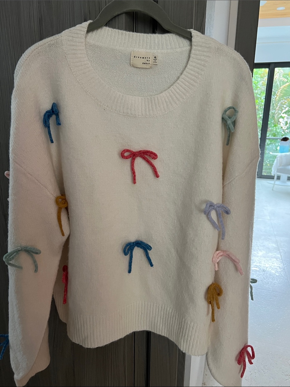 NEW! Dreamers By Debut whimsical off-white sweater with yarn bows XL - Picture 2 of 12